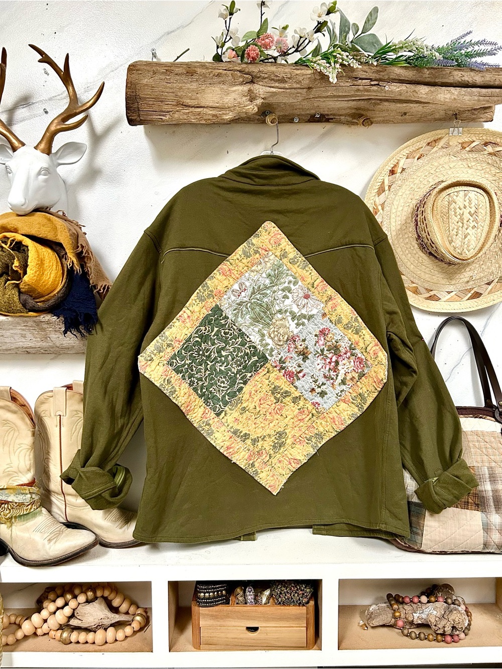 Artisan quilted patchwork floral back accent on boho jacket prairie cottage vibe